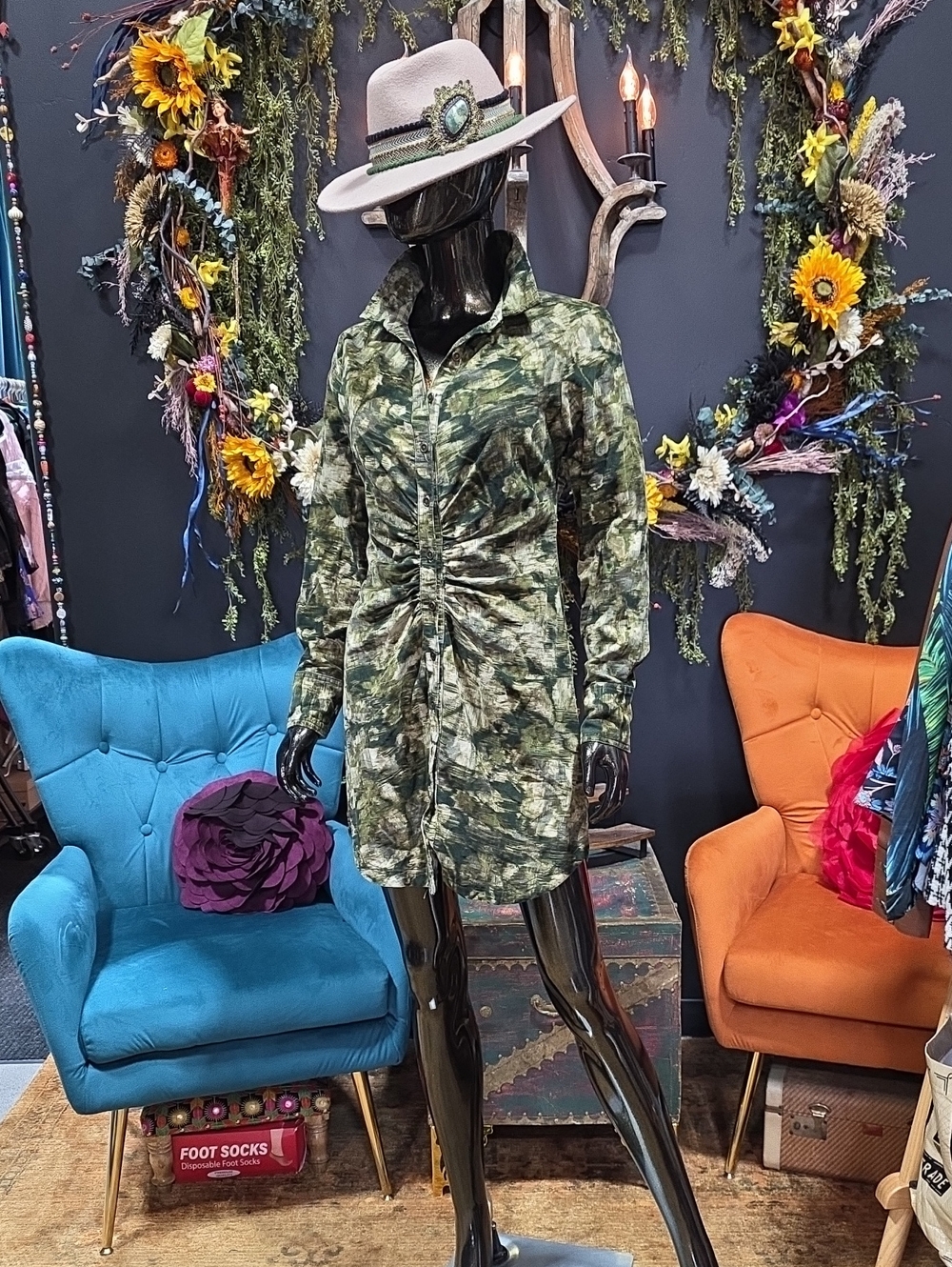 NEW! Pilcro Green Camouflage Corduroy Ruched Long Sleeve Shirt Dress